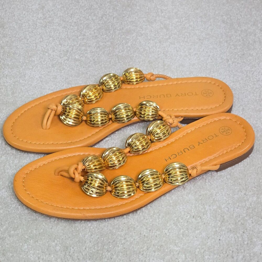 Tory Burch CAPRI Beaded Leather Thongs Sandals Slides Orange Gold Size 6